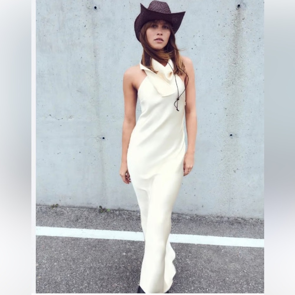 NWT Zara Satin Effect Scarf Halter-neck Long Dress in Cream Ivory Size S - Picture 2 of 14